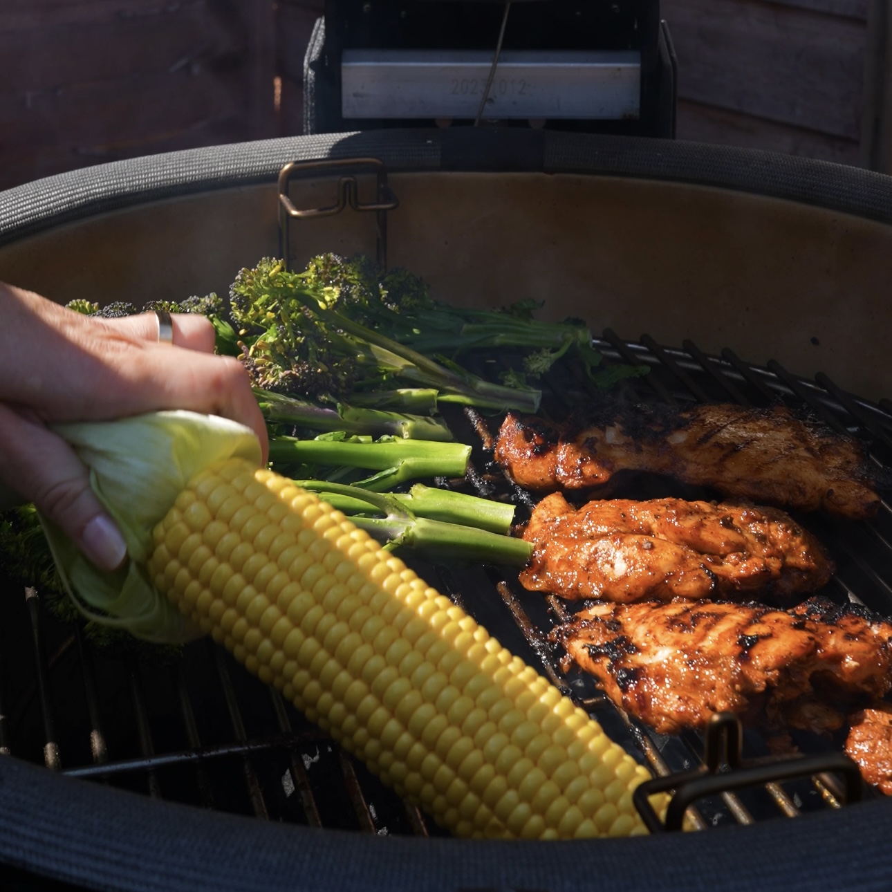 Chicken thighs and vegetables grilling together on a barbecue.