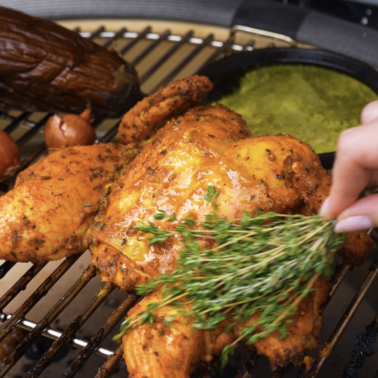 Using a thyme bunch as a brush to baste chicken with a butter mixtureLime and Turmeric Spatchcock Chicken with Baba Ganoush