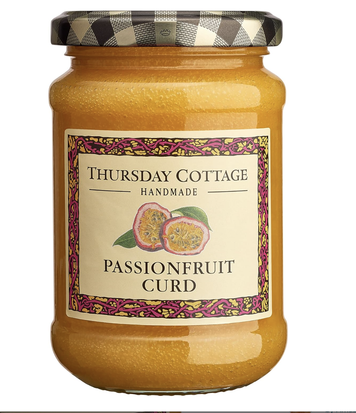 A jar of vibrant yellow passion fruit curd.