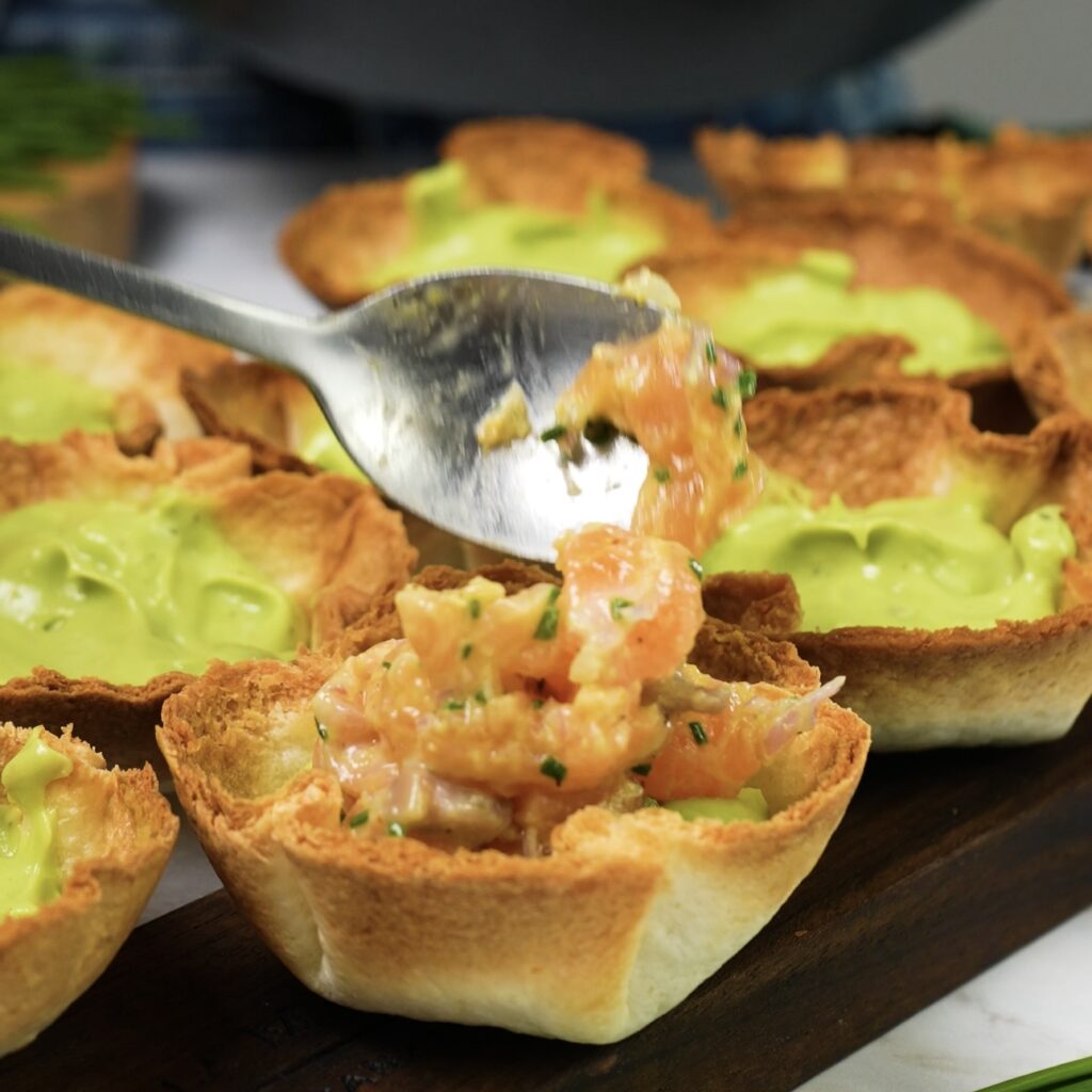 Assembling Tortilla Cups with Avocado Mousse and Salmon Tartare