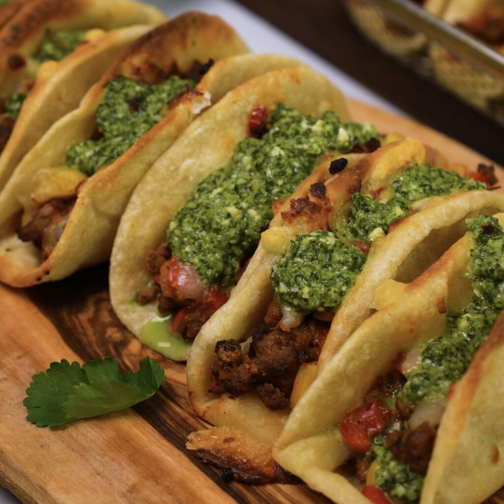 Air-Fried Beef Tacos with Green Sauce