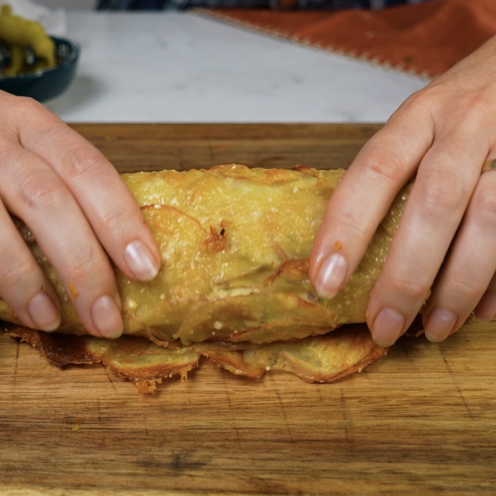 Rolled Potato Wrap Shawarma showcasing a crispy Parmesan crust