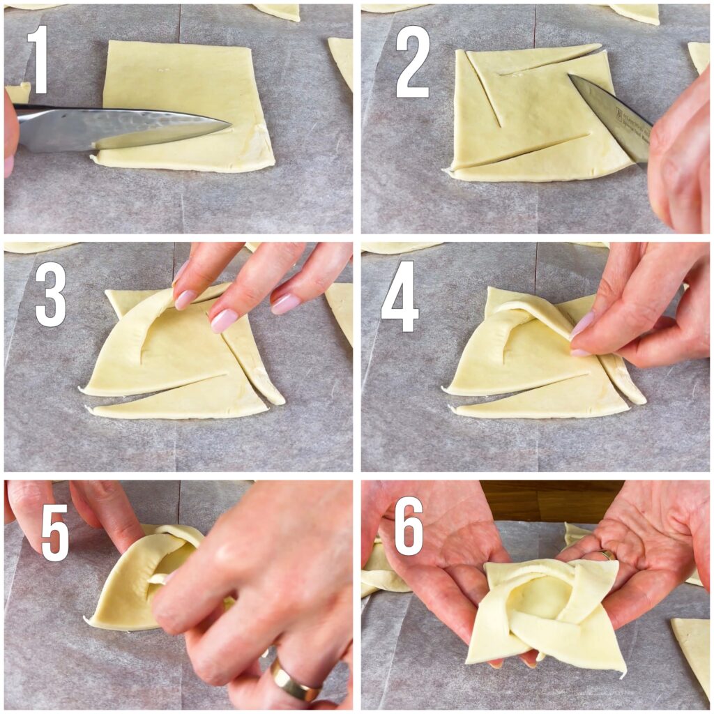 Six steps showing how to cut and fold puff pastry squares.