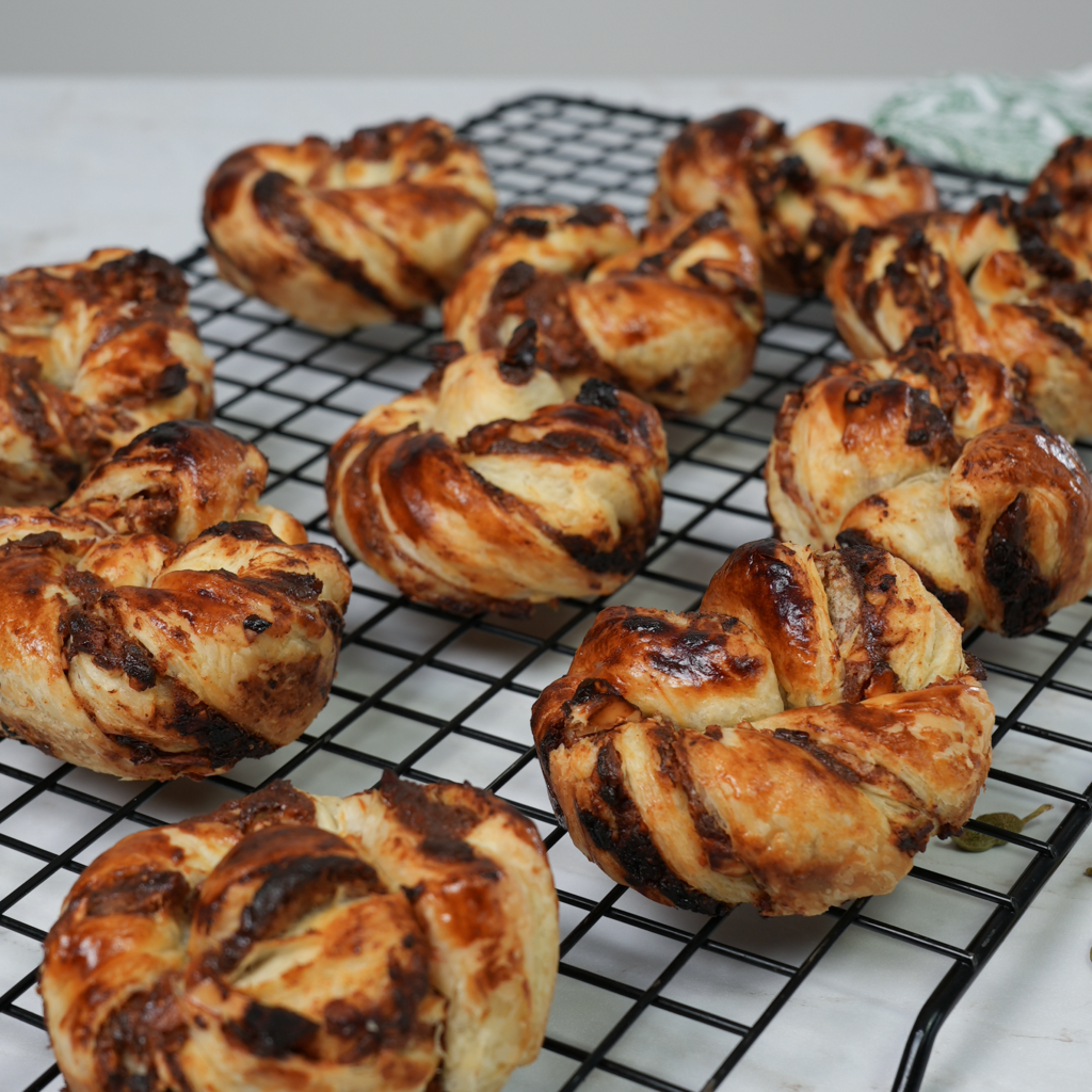 Freshly baked Date and Cardamom Swirl Buns with a golden, flaky exterior.