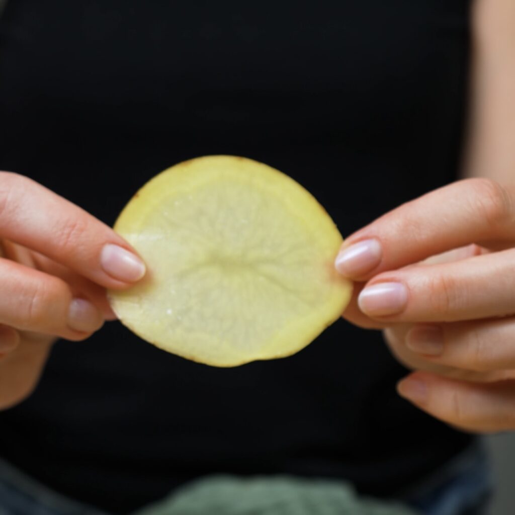 A thin slice of potato, ready to create the base for Breakfast Potato Cups.