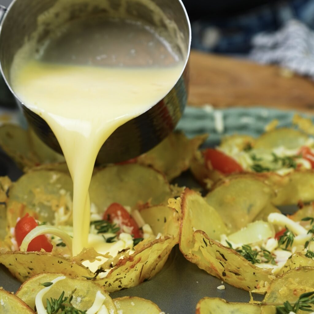 Egg and milk mixture poured into potato cups filled with cheese and vegetables.