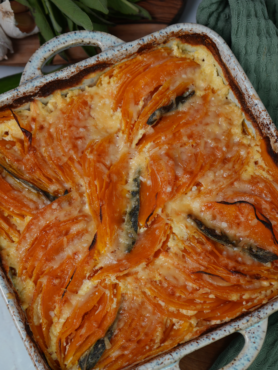 A beautifully layered butternut squash and Gruyère gratin