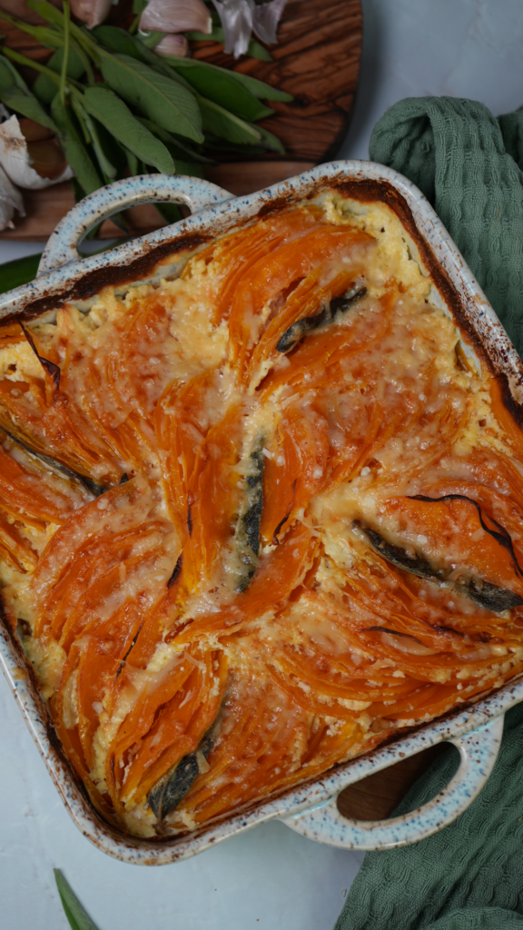 A beautifully layered butternut squash and Gruyère gratin