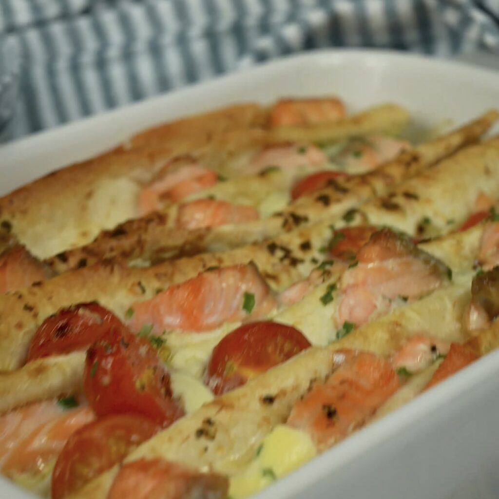 Golden, baked Salmon and Cherry Tomato Lavash Bake.