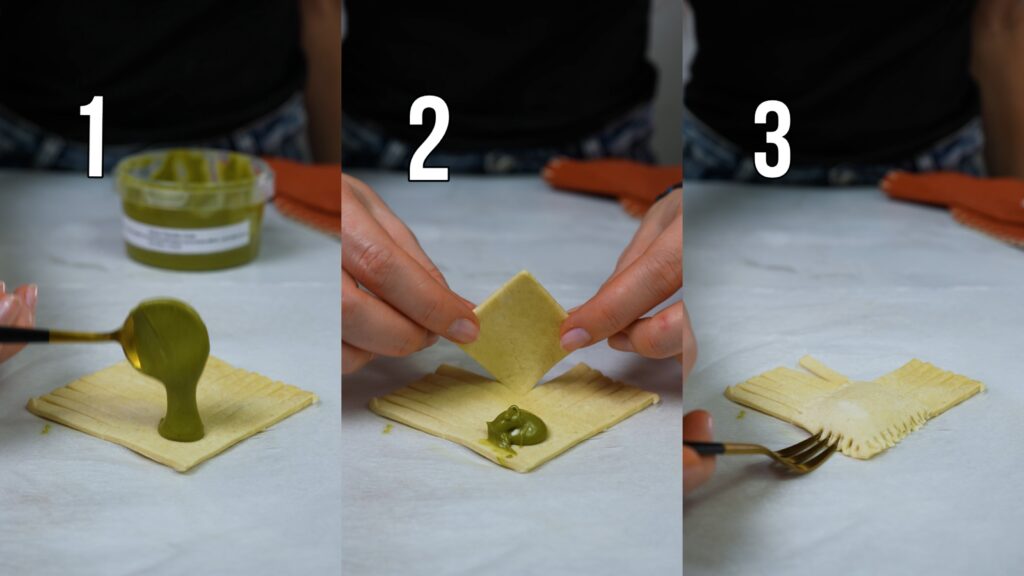 Adding pistachio paste, folding, and sealing the puff pastry edges.