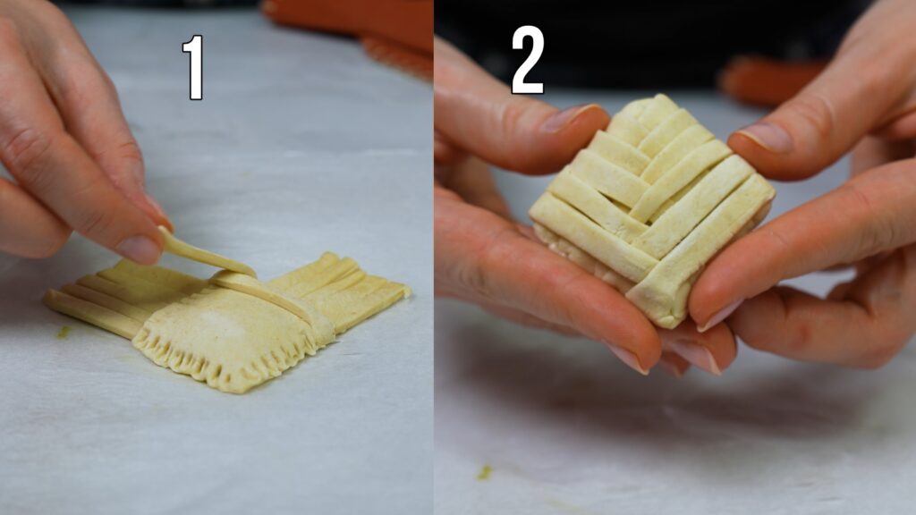 Folding strips over puff pastry for Pistachio Puffs.