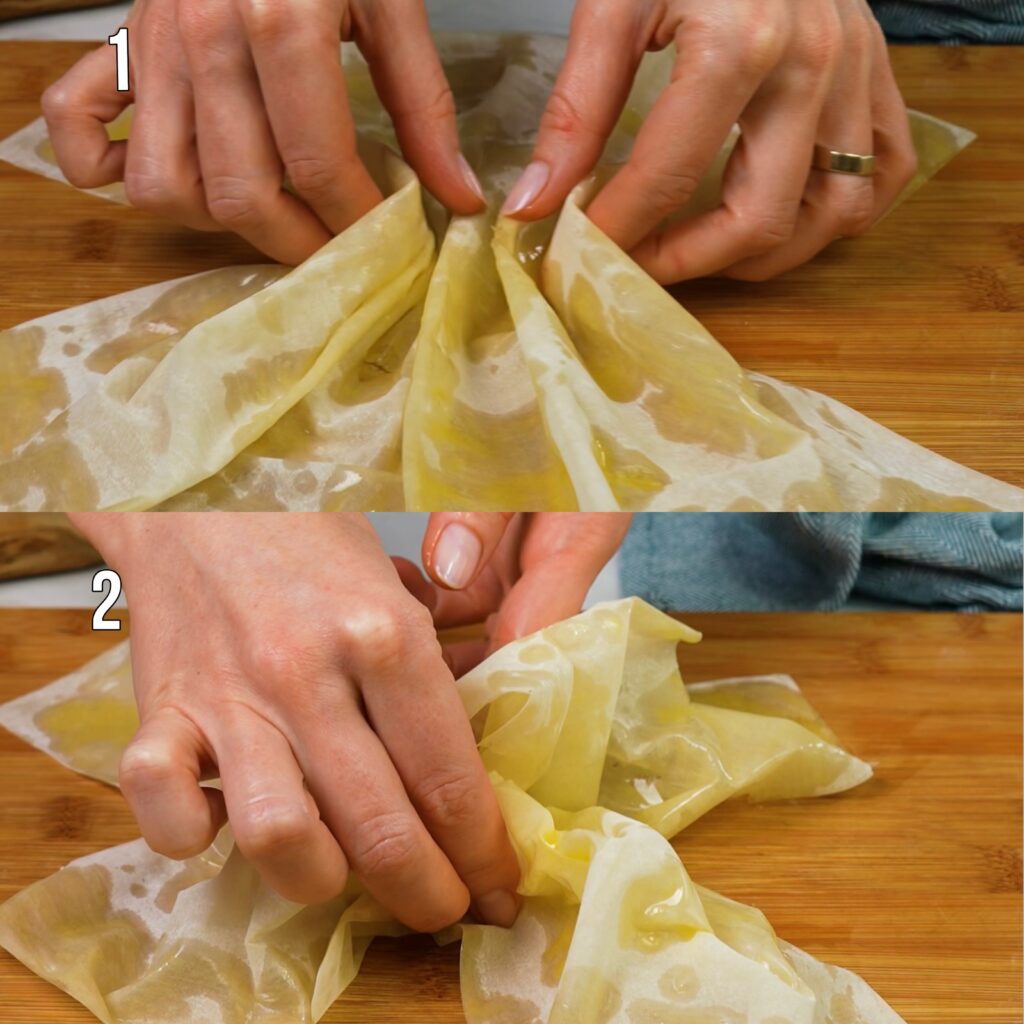 Pinching the sides of filo pastry to create a flower-like shape.