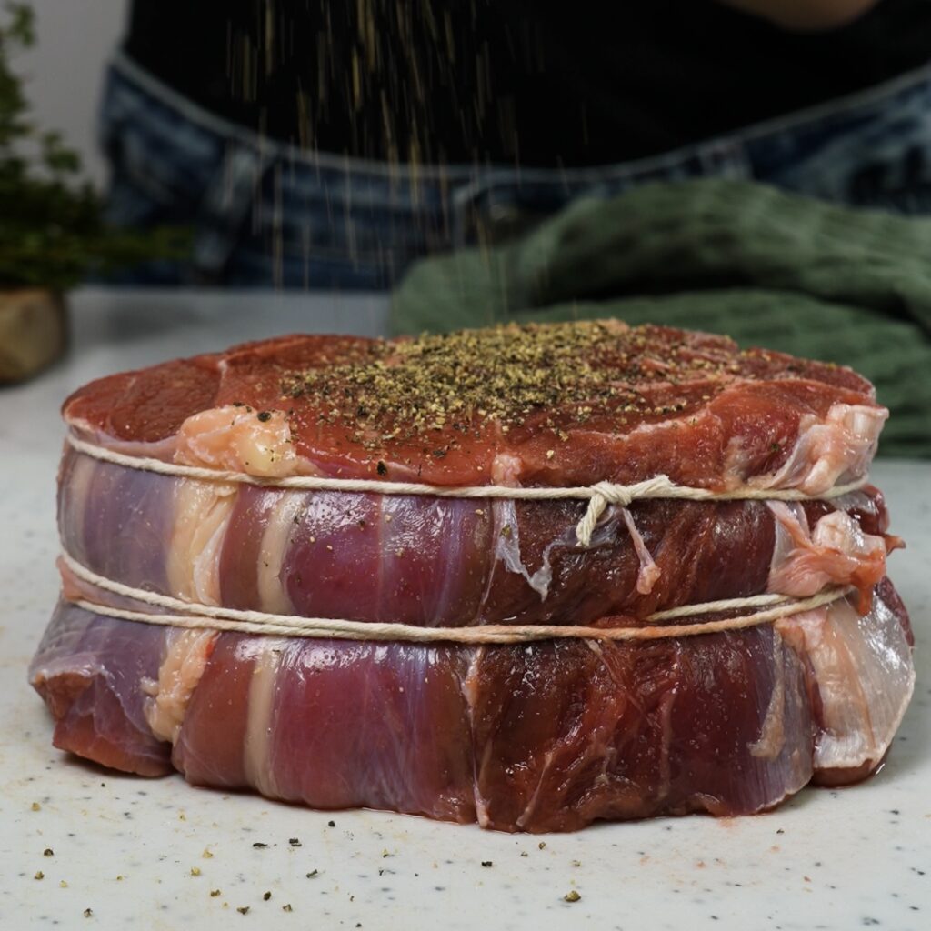 Prepping beef shanks with seasoning and kitchen twine for braising.