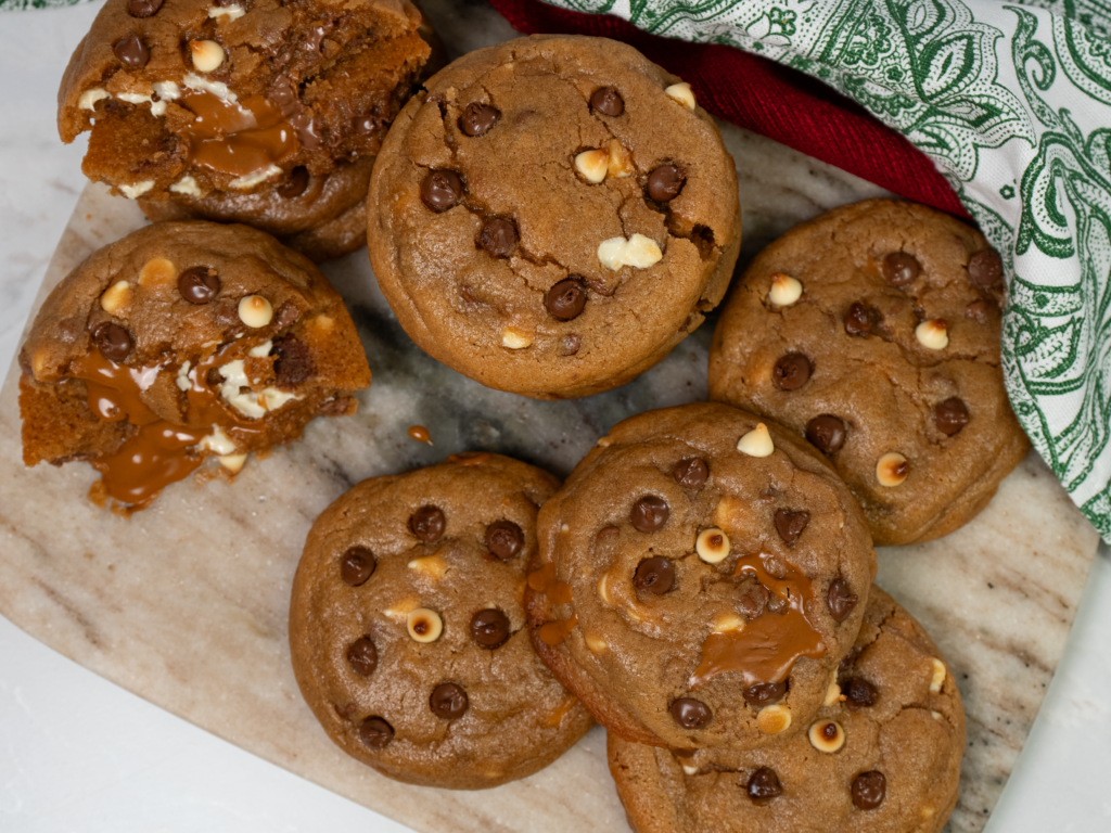 Biscoff chocolate chip cookies with a gooey centere and melted chocolate chips.