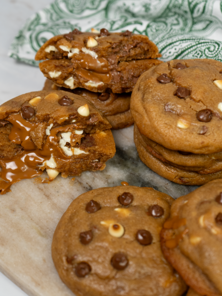 Biscoff chocolate chip cookies with a gooey centere and melted chocolate chips.