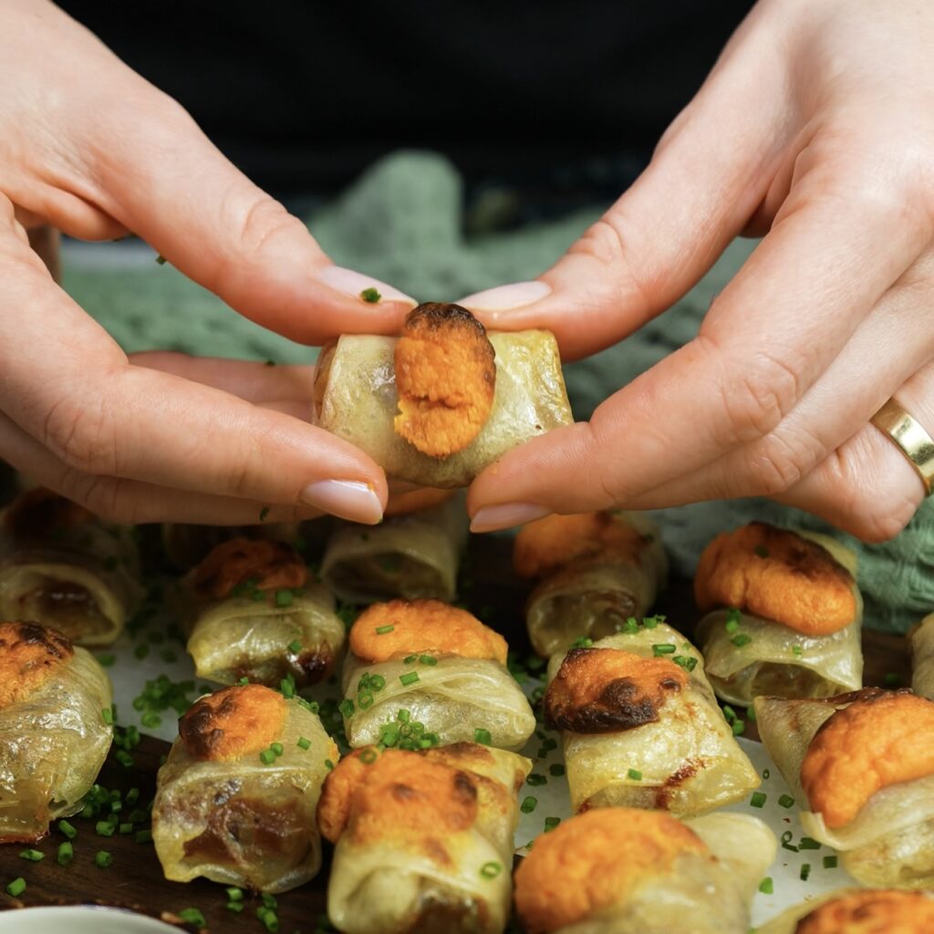 Golden and crispy air-fried rice paper parcels.