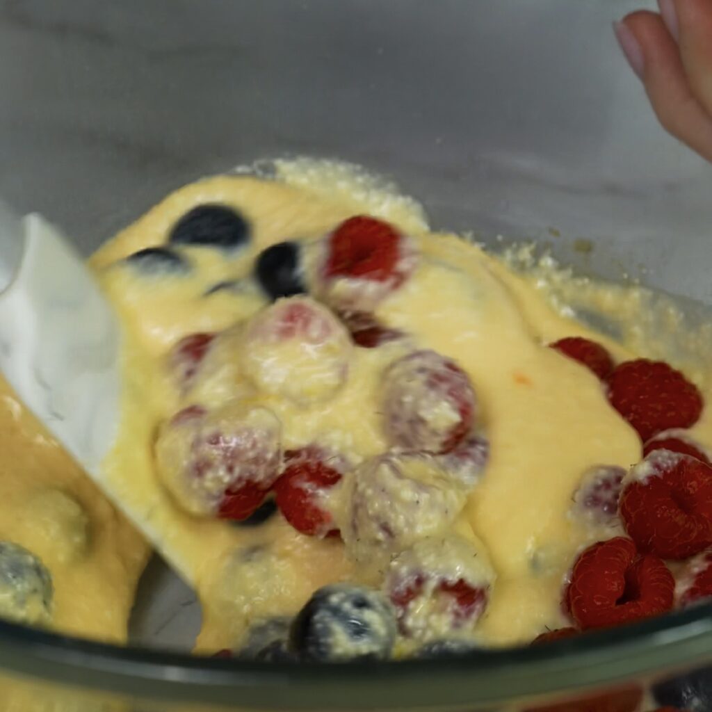 Cottage cheese filling with blueberries and raspberries folded in