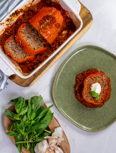 Stuffed giant pepper with slice on a plate