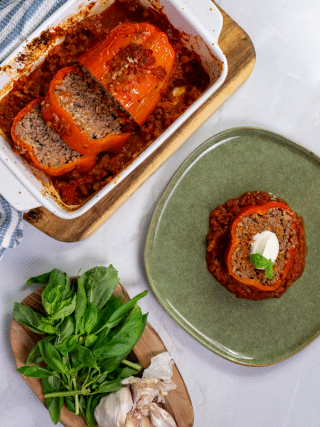 Stuffed giant pepper with slice on a plate