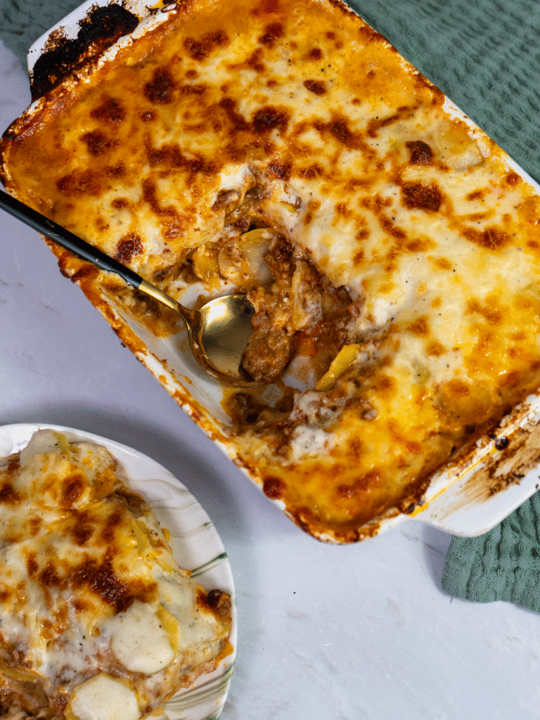 Baked potato lasagna with golden melted cheese on top