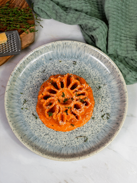 Roasted pepper and ricotta pasta on a plate