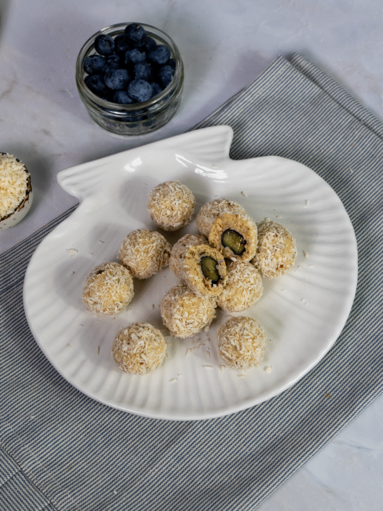 Ready blueberry cottage cheese bites on a serving plate