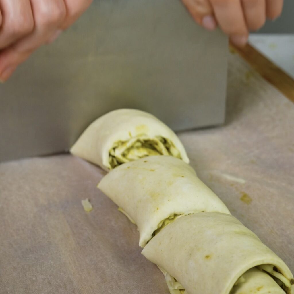 Cutting the pesto-filled puff pastry log into even pieces.