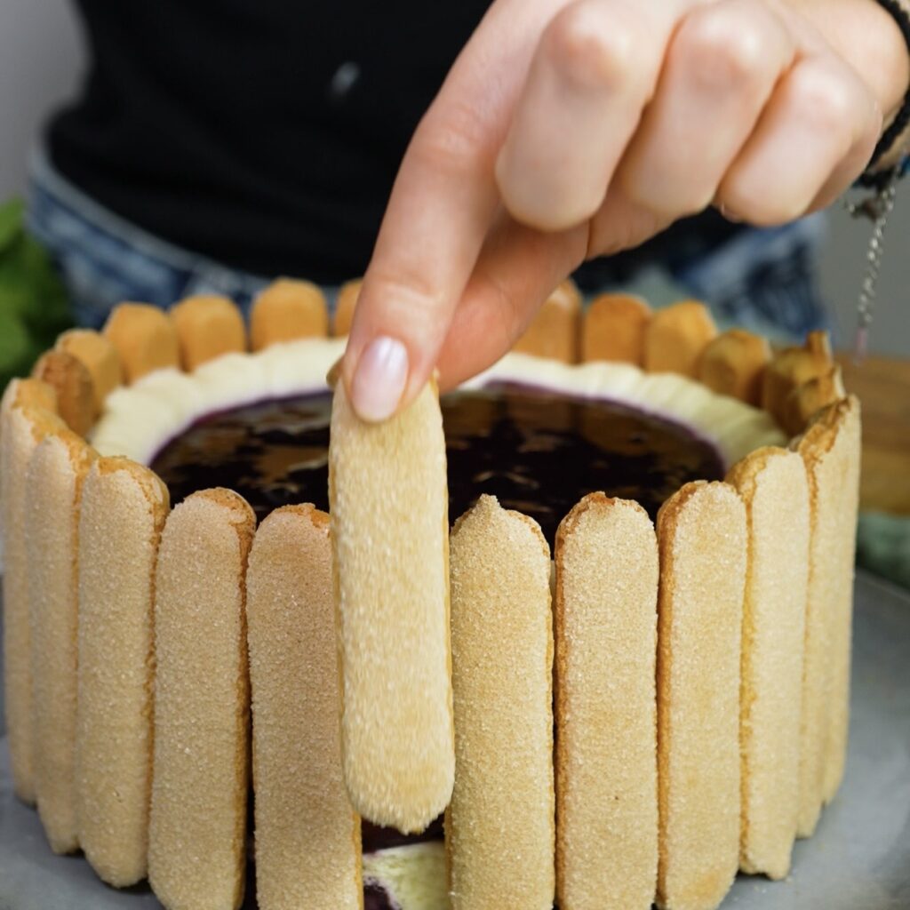 Blueberry tiramisu cake decorated with sponge fingers around the sides