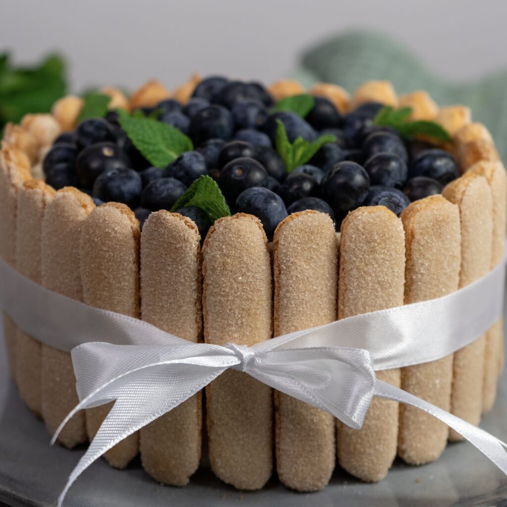 Blueberry tiramisu cake with mascarpone cream and blueberry layers