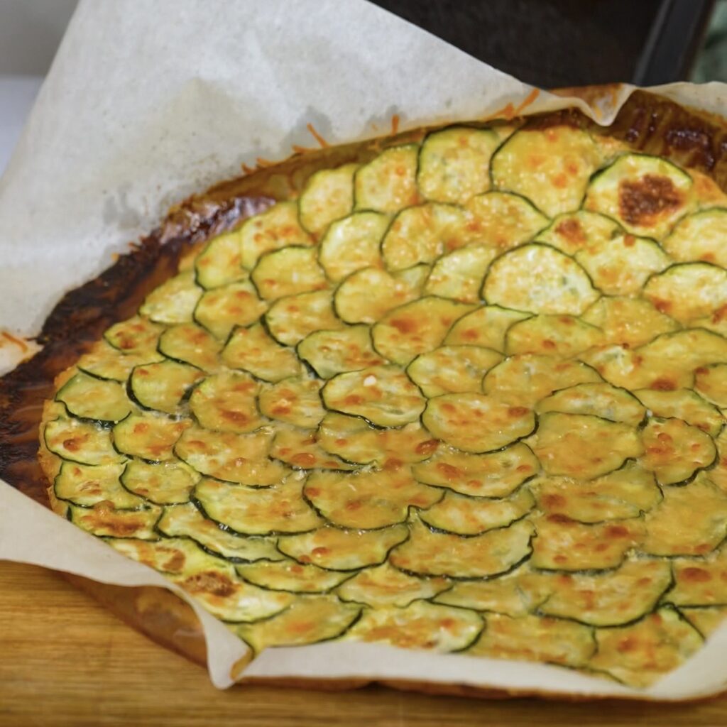 Baked chicken and courgette wrap base fresh from the oven