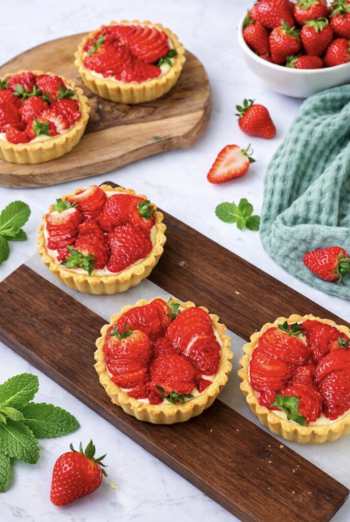 Strawberry ricotta tartlets served on a wooden board.