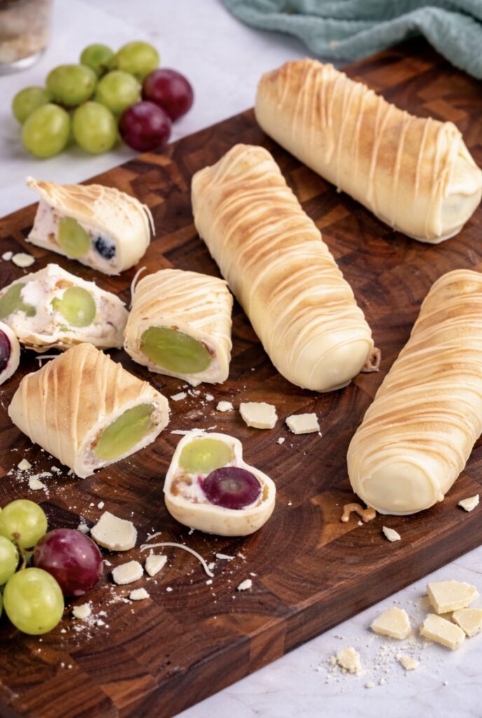 Whole and sliced grape yogurt bars on a wooden board