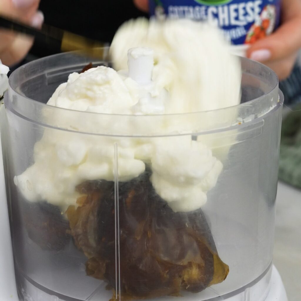 Dates and cottage cheese in blender before mixing