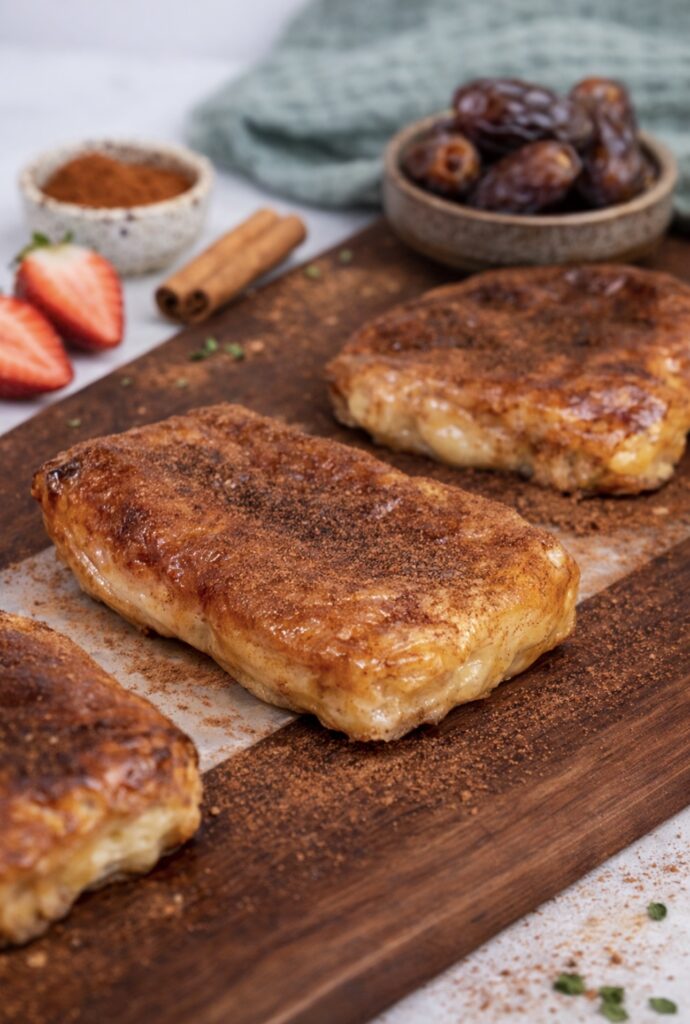Cottage cheese strawberry rice paper dessert served on a wooden board