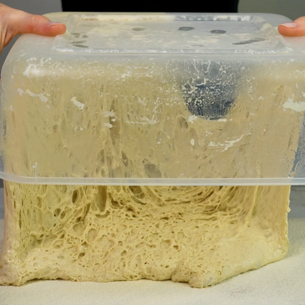 Turning container upside down to release ciabatta dough onto floured surface
