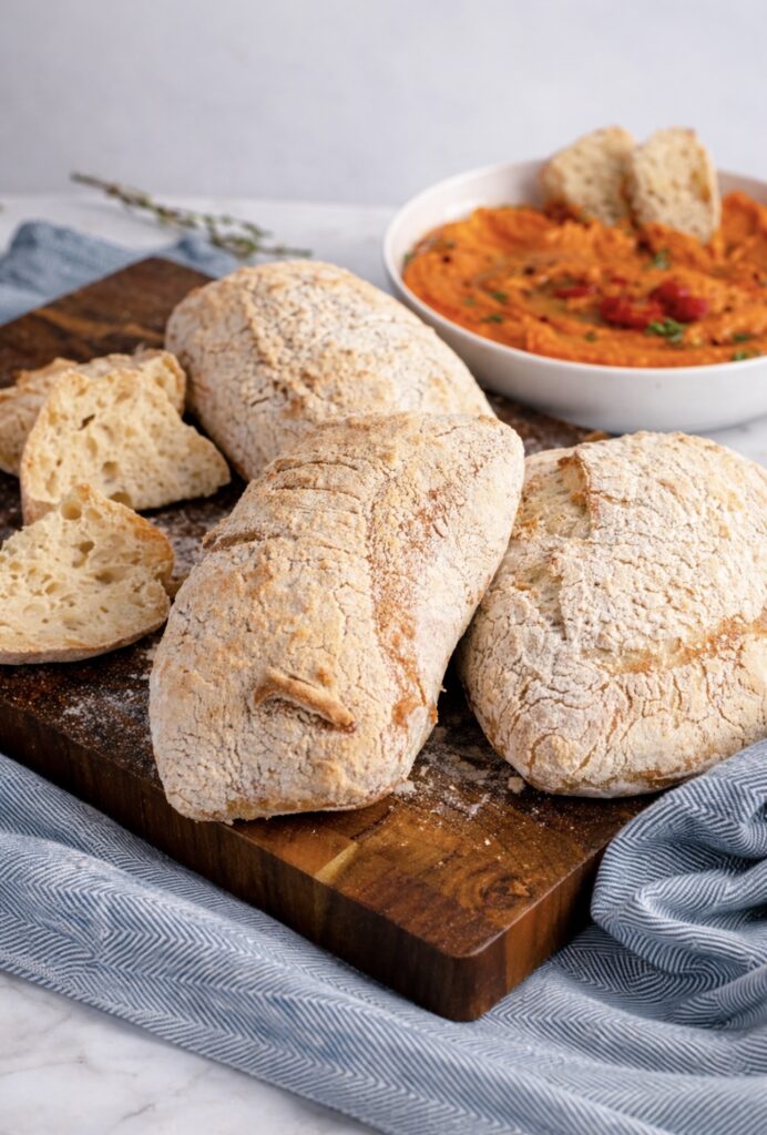 Ciabatta loaves on a wooden board