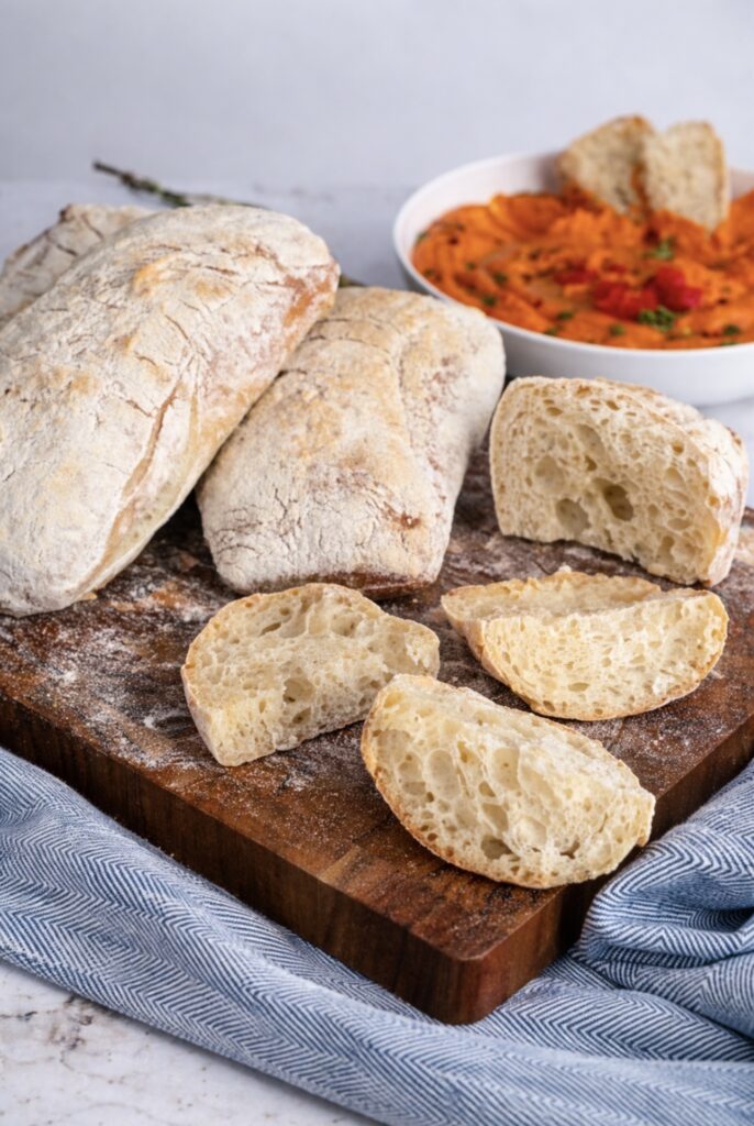 Ciabatta loaves on a wooden board