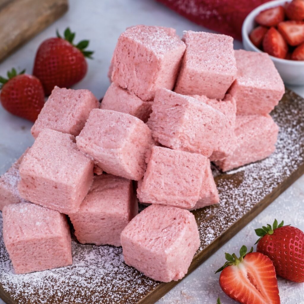 Strawberry Fluff Squares (Gluten-Free) served on a wooden board