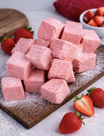 Strawberry Fluff Squares (Gluten-Free) served on a wooden board