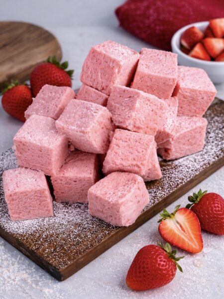 Strawberry Fluff Squares (Gluten-Free) served on a wooden board