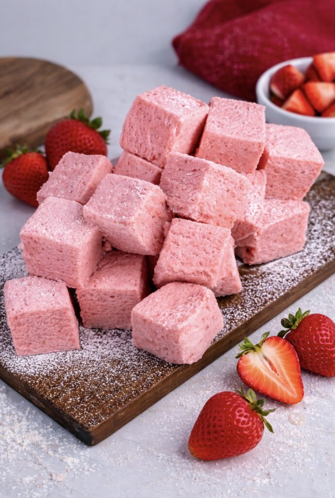 Strawberry Fluff Squares (Gluten-Free) served on a wooden board