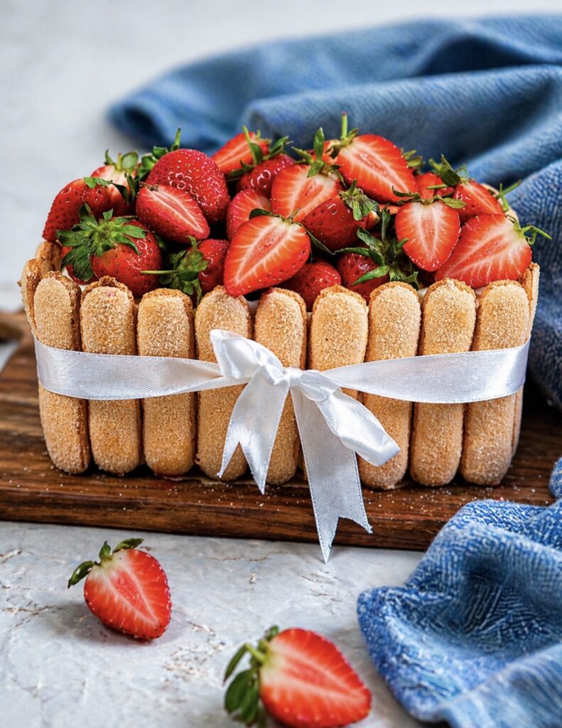 Finished strawberry tiramisu cake served on a wooden board