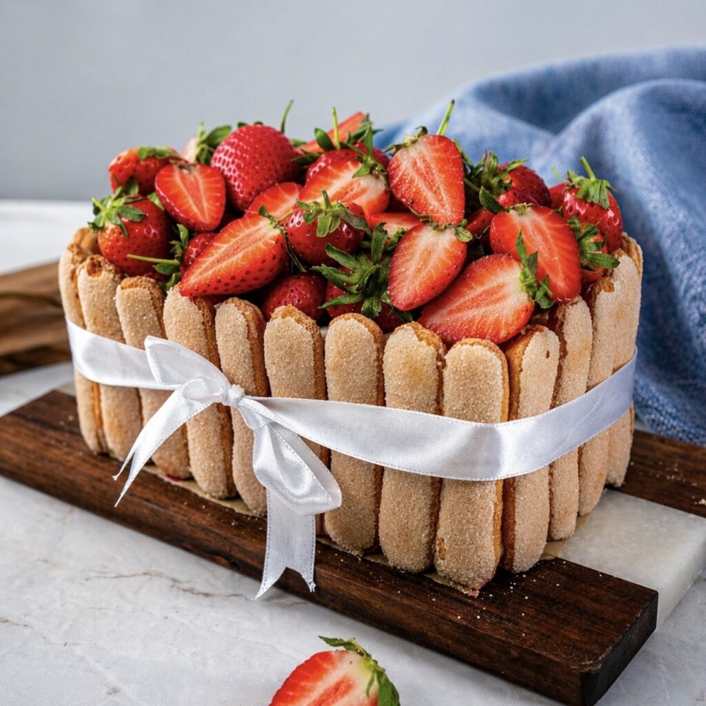 Finished strawberry tiramisu cake served on a wooden board
