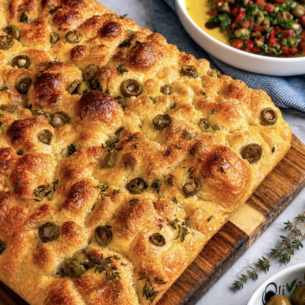 Freshly baked focaccia on a wooden board with olives and thyme