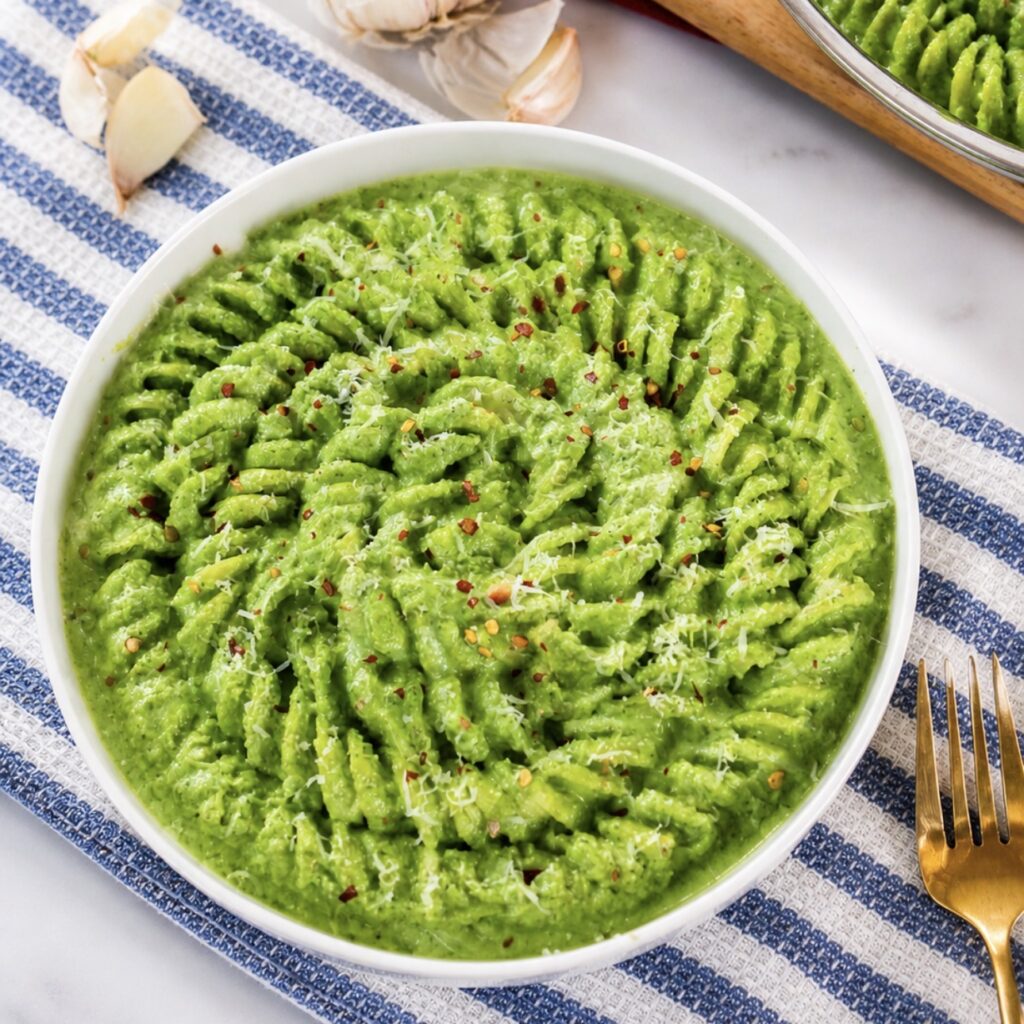 Creamy spinach ricotta pasta with Parmesan and chilli flakes