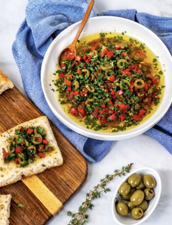 Roasted Red Pepper Olive Dip served with freshly baked bread