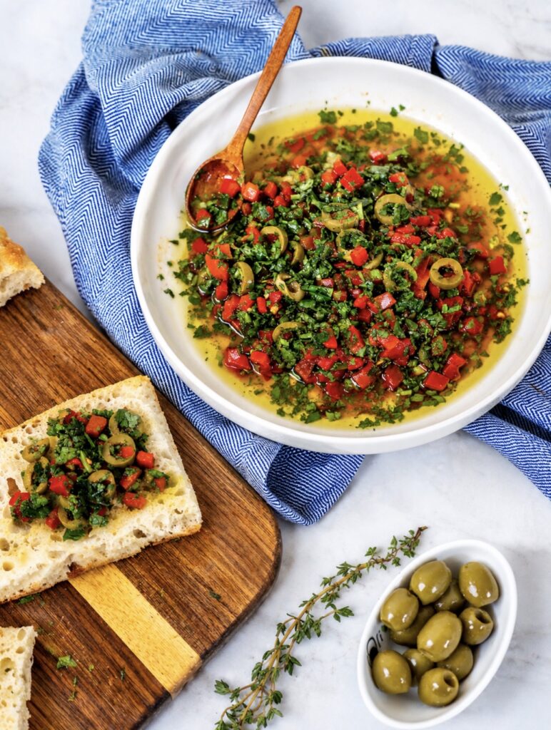 Roasted Red Pepper Olive Dip served with freshly baked bread