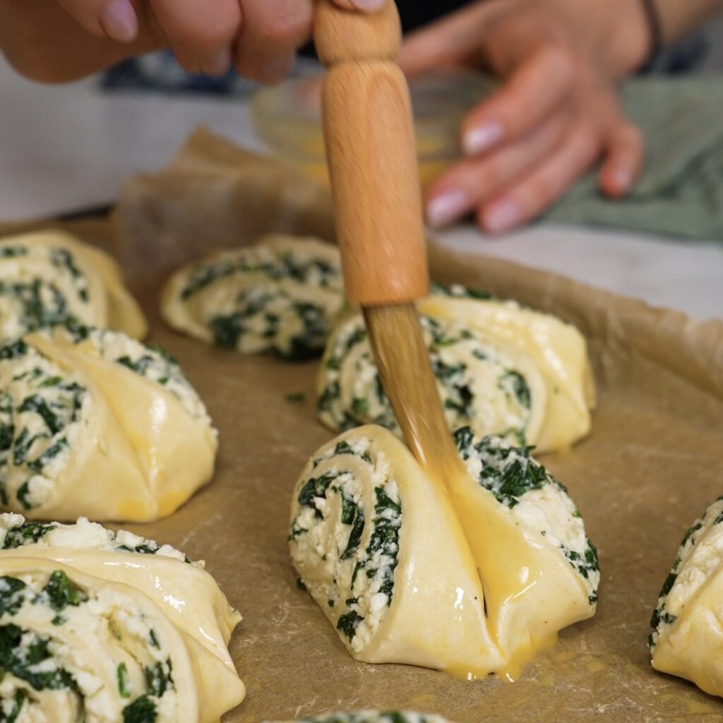 Brushing spinach and feta puff pastry rolls with egg wash