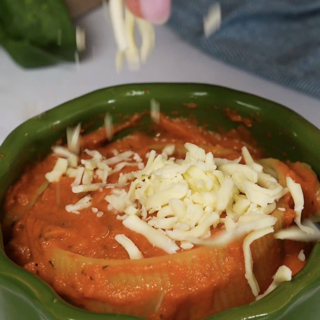 Stuffed Caccavelle pasta topped with tomato sauce and mozzarella