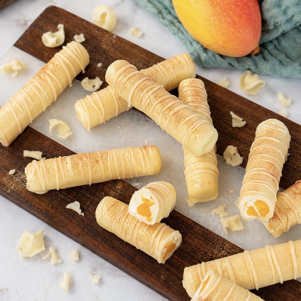 Frozen mango yogurt bars served on a wooden board.